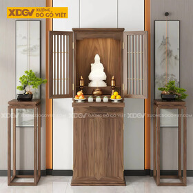Mẫu Tủ Thờ Phật Gỗ Óc Chó Chân Bệt Kèm 2 Cánh Nan Thoáng Khí