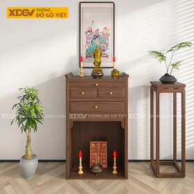 Mẫu Tủ Thờ Trang Nghiêm Gỗ Óc Chó Dáng Bệt Thấp Kèm Ngăn Kéo