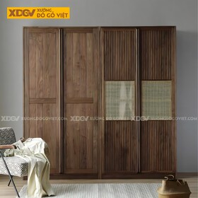 Tủ Áo Đôi Gỗ Óc Chó Mặt Cánh Nan Kết Hợp Đan Mây Tinh Tế