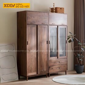 Tủ Áo Đôi Óc Chó Cánh Trượt Tích Hợp Ngăn Trên Tiện Lợi