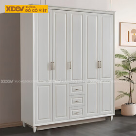 Tủ Áo Gỗ Cao Su Tân Cổ Điển Cánh Pano Tay Kim Loại Chân Côn