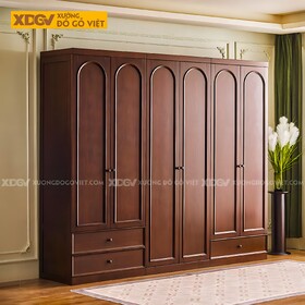 Tủ Áo Gỗ Óc Chó Thịt 6 Cánh Vòm Trên Tích Hợp Ngăn Kéo