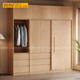 Tủ Áo Gỗ Veneer Sồi Hiện Đại Cửa Lùa Mở Có Tủ Trên Tiện Lợi