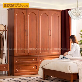 Tủ Áo Gỗ Xoan Đào Tự Nhiên Tân Cổ Điển 4 Cánh Mái Vòng Đẹp