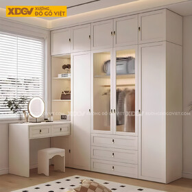 Tủ Áo Quần Gỗ Cao Su Trắng Kết Hợp Bàn Trang Điểm Góc L
