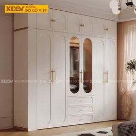 Tủ Áo Trắng Gỗ Cao Su Hiện Đại Cánh Kính Sọc Dọc Gân Mờ