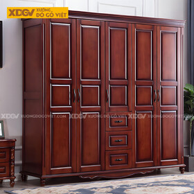Tủ Áo Veneer Xoan Đào Cổ Điển 5 Cánh Pano Tay Nắm Kim Loại