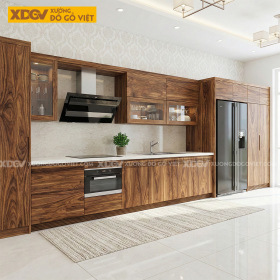 Tủ Bếp Chữ I Dài Gỗ Óc Chó Màu Sáng Kết Hợp Cánh Kính Mới