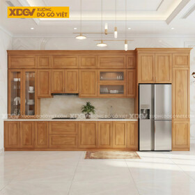 Tủ Bếp Chữ I Gỗ Gõ Đỏ Hiện Đại Kết Hợp Tủ Cánh Kính Lưu Trữ