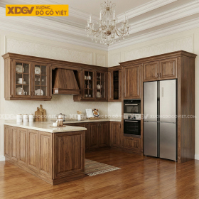 Tủ Bếp Gia Đình Chữ U Gỗ Óc Chó Tân Cổ Điển Mặt Đá Trắng Đẹp