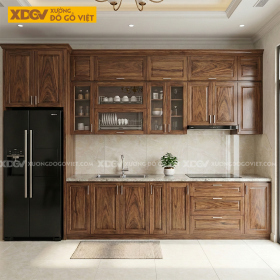 Tủ Bếp Gỗ Óc Chó Chữ I Hệ Trên Dưới Kết Hợp Tủ Kính Đẹp