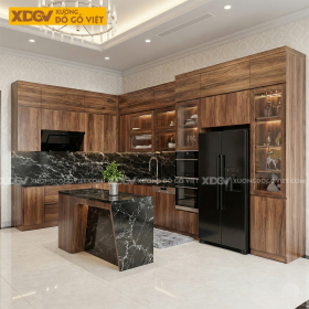 Tủ Bếp Gỗ Óc Chó Chữ L Ốp Mặt Đá Đen Vân Có Bàn Đảo Bếp