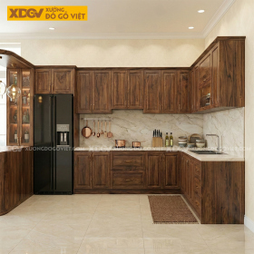 Tủ Bếp Gỗ Óc Chó Kiểu L Hiện Đại Có Bàn Đảo Bar Sang Trọng