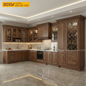 Tủ Bếp Góc L Gỗ Óc Chó Kết Hợp Tủ Kính Phong Cách Bắc Âu