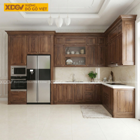 Tủ Bếp Óc Chó Tự Nhiên Góc L Tích Hợp Lò Nướng, Lò Vi Sóng