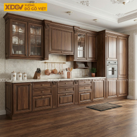 Tủ Bếp Phẳng Gỗ Óc Chó Vân Đẹp Nhiều Ngăn Kéo Hộc Chứa Đồ
