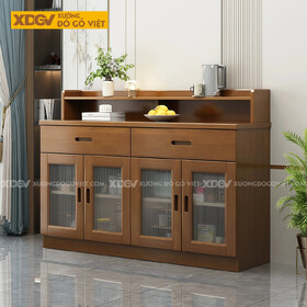 Tủ Chén Bát Gỗ Veneer Sồi Ngăn Kéo 4 Cánh Chân Bệt Nhỏ Gọn