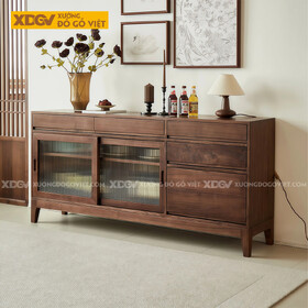 Tủ Để Chén Bát Gỗ Óc Chó Phòng Bếp Với Cánh Lùa Kèm Kính Sọc