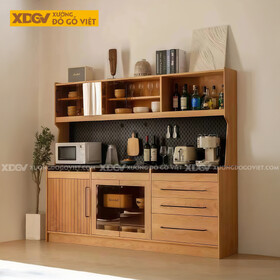 Tủ Đựng Chén Bát Gỗ Sồi Chân Bệt Kèm Bảng Lỗ Treo Tiện Lợi
