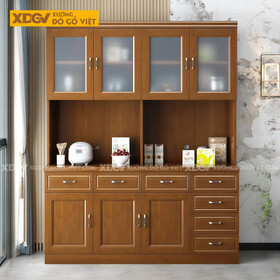Tủ Đựng Chén Bát Gỗ Veneer Sồi Phối Cánh Pano Kèm Kính Mờ