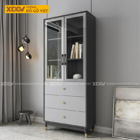 Tủ Đựng Sách Văn Phòng Gỗ MDF Chân Côn Bọc Kim Kèm Cánh Kính