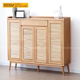 Tủ Giày Dép Gỗ Sồi 4 Cánh Lá Sách Chân Cao 2 Ngăn Kéo Trên