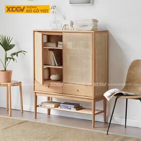 Tủ Giày Gỗ Sồi Mỹ Chân Cao Cánh Đan Mây Có Kệ Hở Đựng...