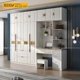 Tủ Quần Áo Gỗ Cao Su Kết Hợp Bàn Trang Điểm Màu Trắng Đẹp