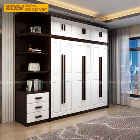 Tủ Quần Áo Gỗ Cao Su Kịch Trần 6 Cánh Cửa Mở Tay Nắm Dài
