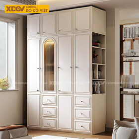 Tủ Quần Áo Gỗ Cao Su Màu Trắng Tích Hợp Cánh Kính Mờ Kệ Bên