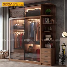Tủ Quần Áo Gỗ MDF Hiện Đại 2 Cánh Kính Lùa Khung Nhôm Đen