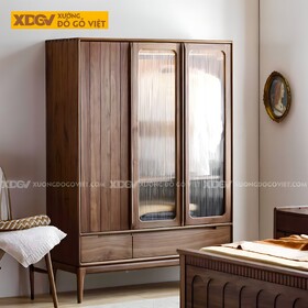 Tủ Quần Áo Gỗ Óc Chó Kính Gân Mờ Bo Góc Tay Nắm Nổi Dài