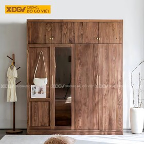 Tủ Quần Áo Gỗ Óc Chó Thịt Cửa Mở Lắp Kính Và Ngăn Trên