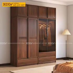Tủ Quần Áo Gỗ Sồi Thịt Khung Pano Kẻ Rãnh Có Cánh Kính Trong
