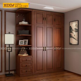 Tủ Quần Áo Kịch Trần Gỗ Gõ Đỏ Tích Hợp Kệ Và Ngăn Kéo Bên