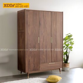 Tủ Quần Áo Óc Chó Tự Nhiên 3 Cánh Chân Cao Bọc Kim Loại Vàng