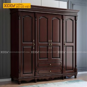 Tủ Quần Áo Veneer Xoan Đào Cổ Điển 4 Cánh 8 Chân Trụ Tiện