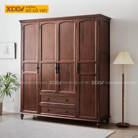 Tủ Quần Áo Xoan Đào Cổ Điển Châu Âu 4 Cánh Chân Trụ Tiện