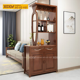 Tủ Rượu Gỗ Cao Su Phòng Khách Hiện Đại Kết Hợp Tủ Kính 2 Bên