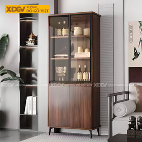 Tủ Rượu Veneer Óc Chó Bo Góc Hiện Đại Phối Kính Sang Trọng
