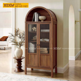 Tủ Sách Bắc Âu Gỗ Óc Chó Phối Đỉnh Vòm Chân Cao Thanh Mảnh