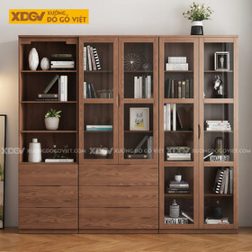 Tủ Sách Bắc Âu Hiện Đại Gỗ Veneer Sồi Đa Kệ Phối Cánh Kính