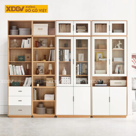 Tủ Sách Gỗ Sồi Mỹ Phối Chân Bệt Cánh Kính Thiết Kế Tối Giản