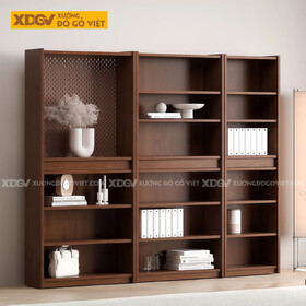 Tủ Sách Gỗ Veneer Sồi Thiết Kế Mở Phân Tầng Bố Cục Độc Đáo