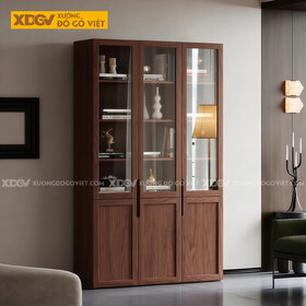 Tủ Sách Hiện Đại Gỗ Óc Chó Cánh Kính Tay Nắm Âm Thông Minh