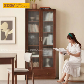 Tủ Sách Tân Cổ Điển Gỗ Sồi Chân Bệt Kết Hợp Cánh Kính Sọc Mờ