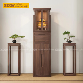 Tủ Thờ Gỗ Óc Chó Dáng Cao Thon Phối Tủ Cánh Nan Khay Kéo