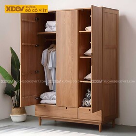 Tủ Treo Quần Áo Gỗ Sồi Bắc Âu Chân Cao Cửa Mở Tay Nắm Âm