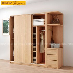 Tủ Treo Quần Áo Gỗ Veneer Sồi Hiện Đại Cửa Lùa Tay Âm Dưới