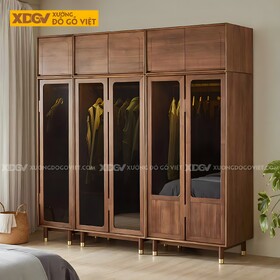 Tủ Treo Quần Áo Veneer Gỗ Xoan Đào Cửa Kính Đen Chân Cao